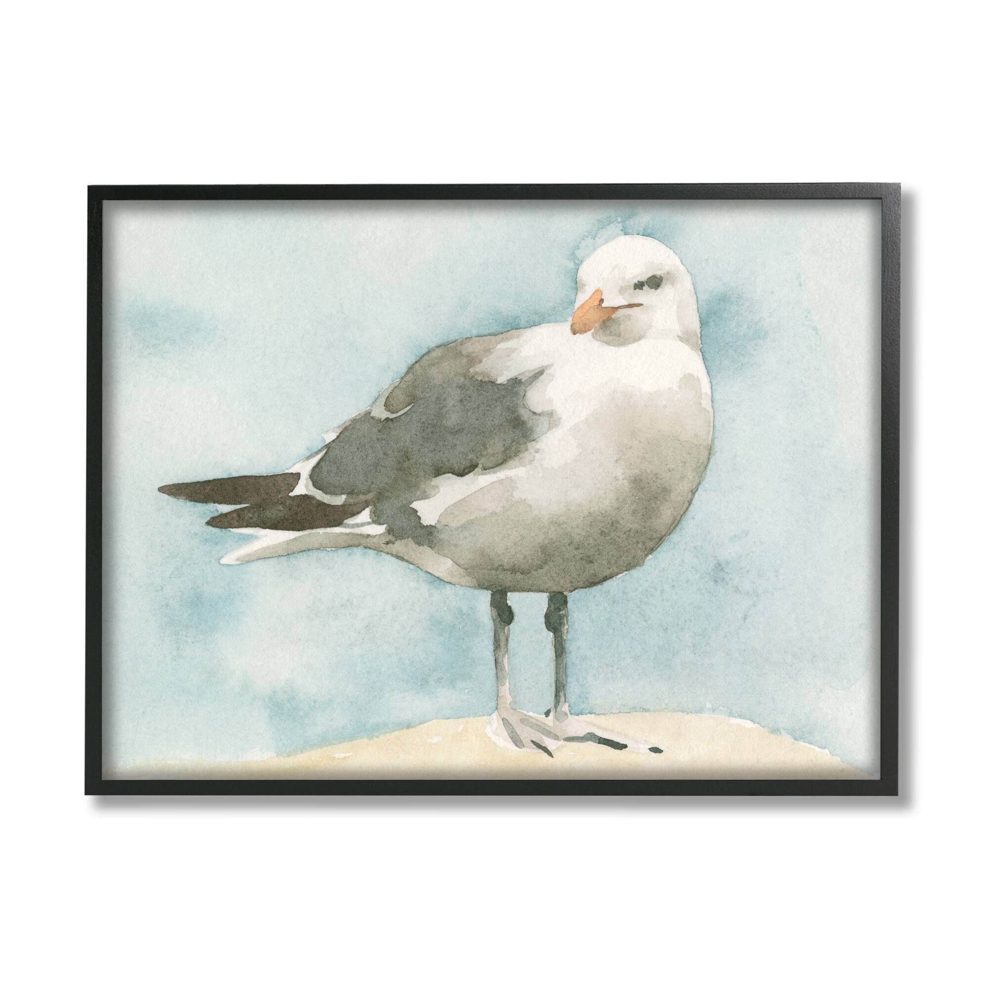 Stupell Industries Soft Focus Seagull On Waterfront Beige Blue in Frame Wall Art